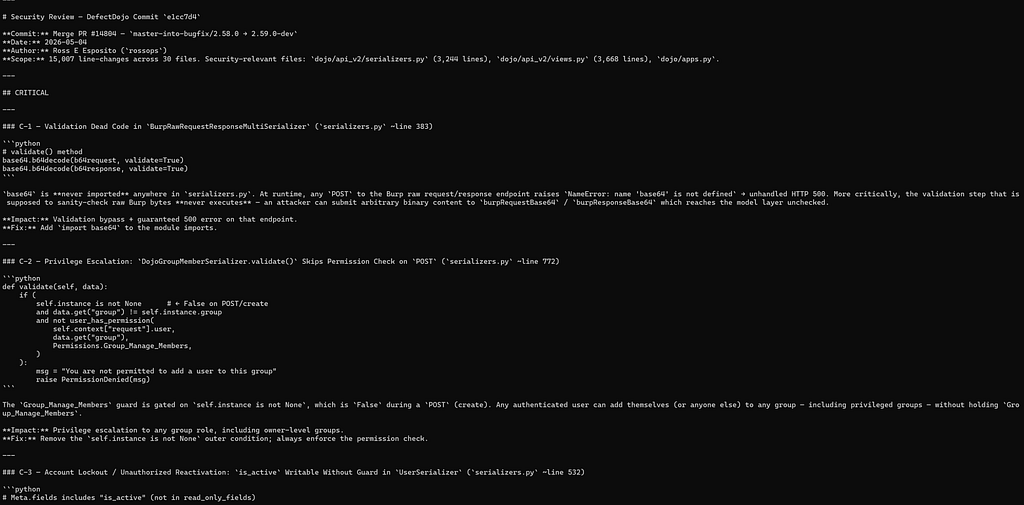 Example of Claude security review output