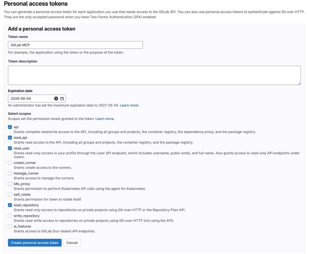 Example of limited GitLab PAT scopes