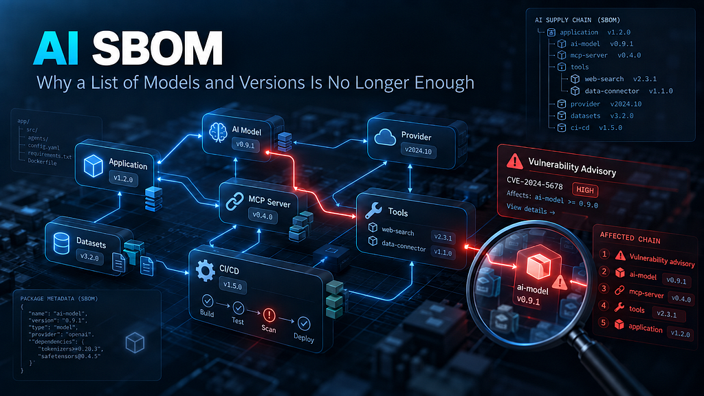 An AI supply chain with application, model, MCP server, tools, datasets and CI/CD linked together, and a vulnerability advisory tracing an affected chain back up to the application.