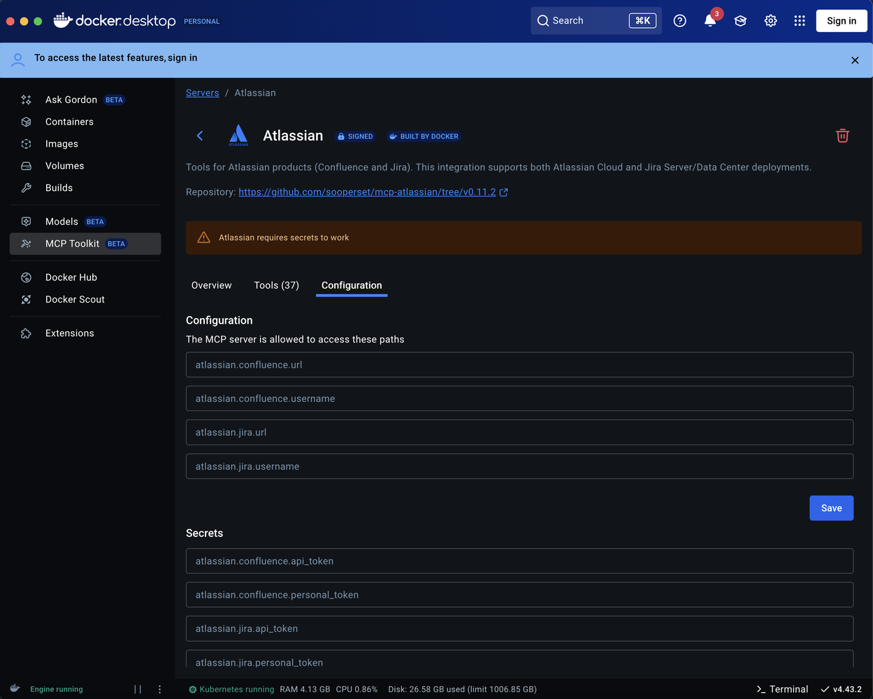 Docker Desktop Atlassian MCP Server secrets management