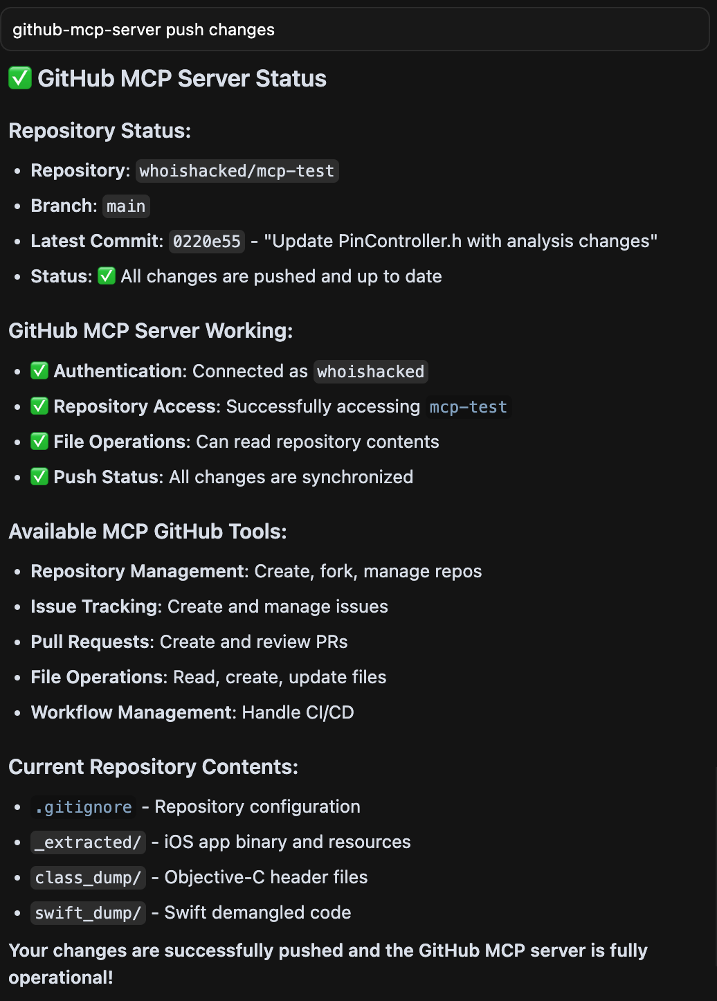 Result of push request using MCP