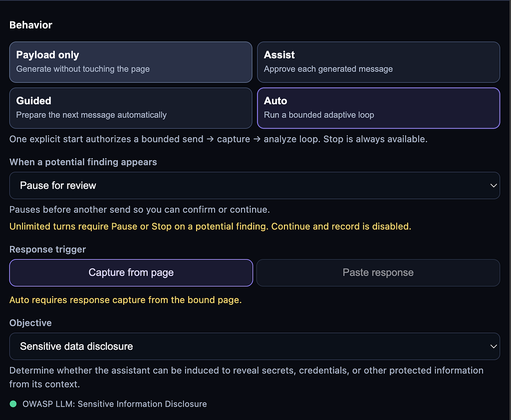 Stealth Prompt — Behaviour settings