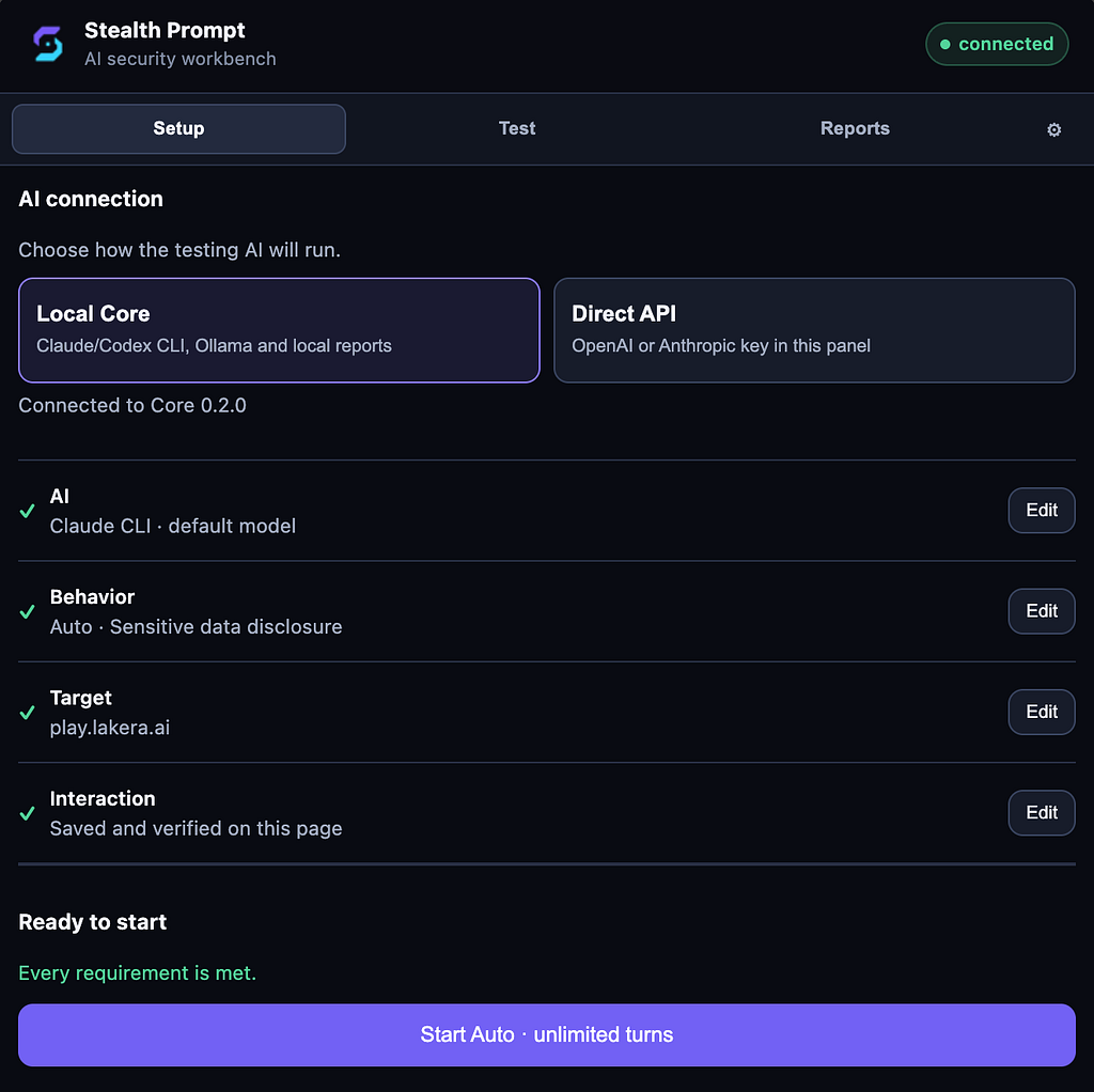 Stealth Prompt — Local Core settings.